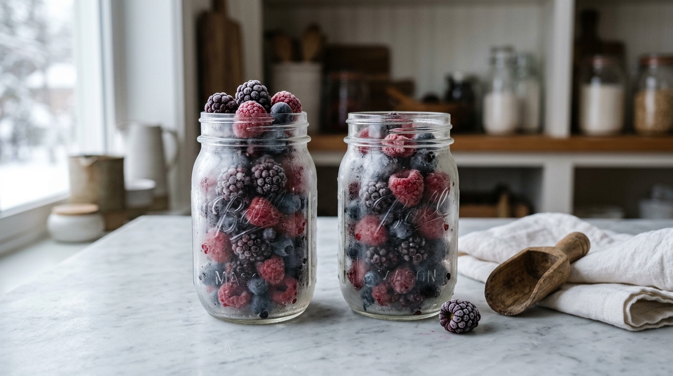 Gefrorene Beeren in Gläsern auf einem hellen Marmortisch