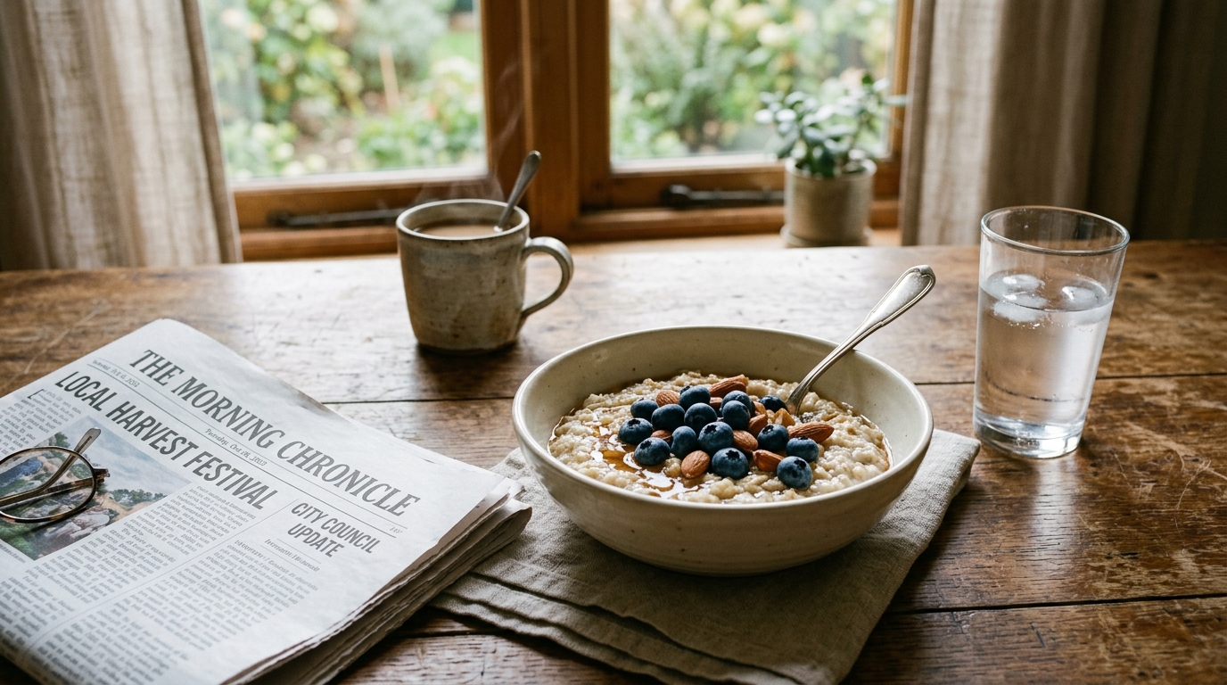 Frühstückstisch mit Haferflocken, Beeren und einem Glas Wasser am Wiener Fenster